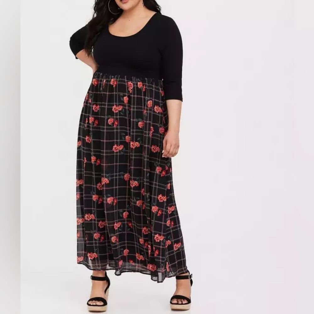 Torrid Maxi Dress Size 00S Black Dark Floral Plaid Whimsigoth Witchy Boho Preppy